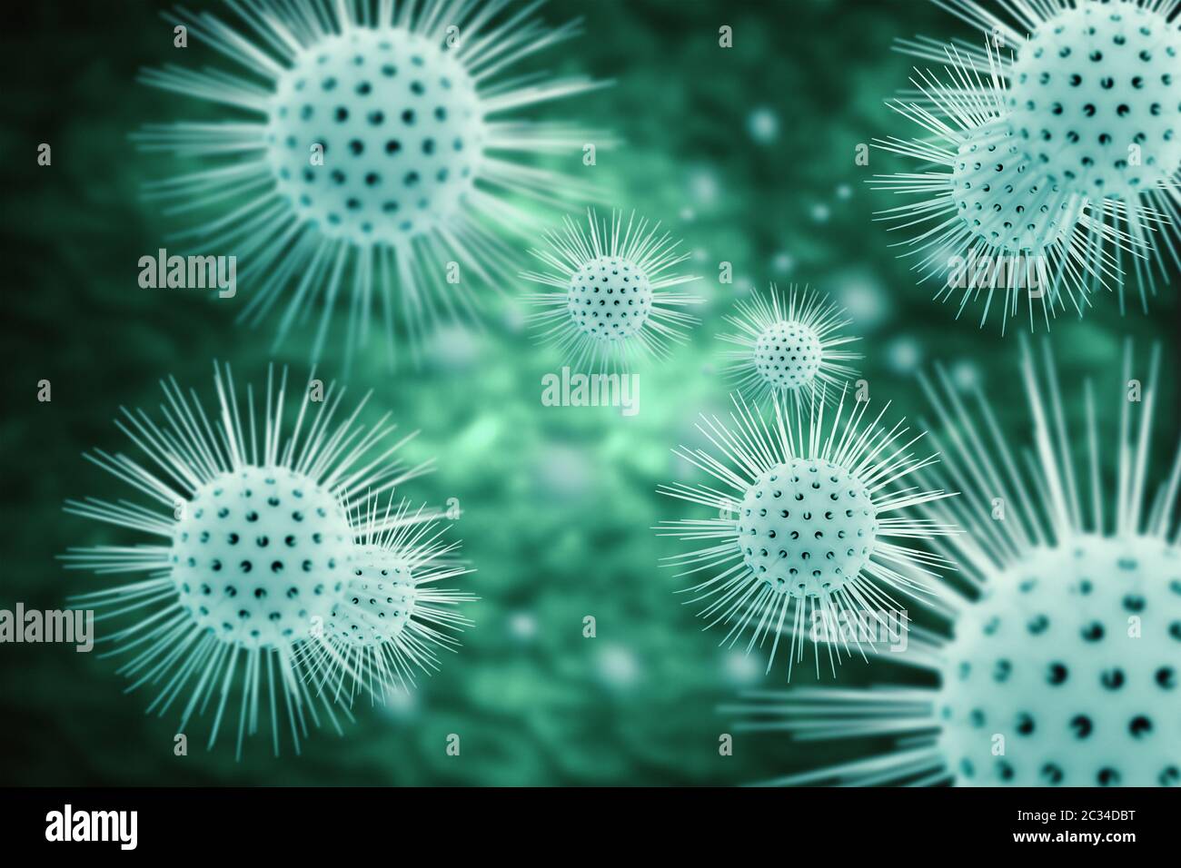 3d-Illustration Virusinfektion verursacht chronische Krankheit. Corona-Virus, Hepatitis-Viren, Influenza V Stockfoto