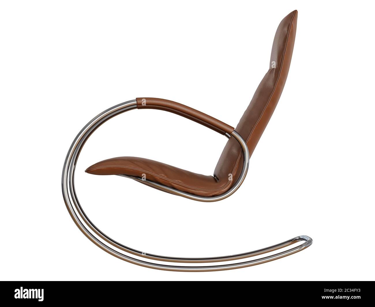 Seitenansicht des braunen Schaukelstuhls auf weißem Hintergrund 3D-Rendering Stockfoto