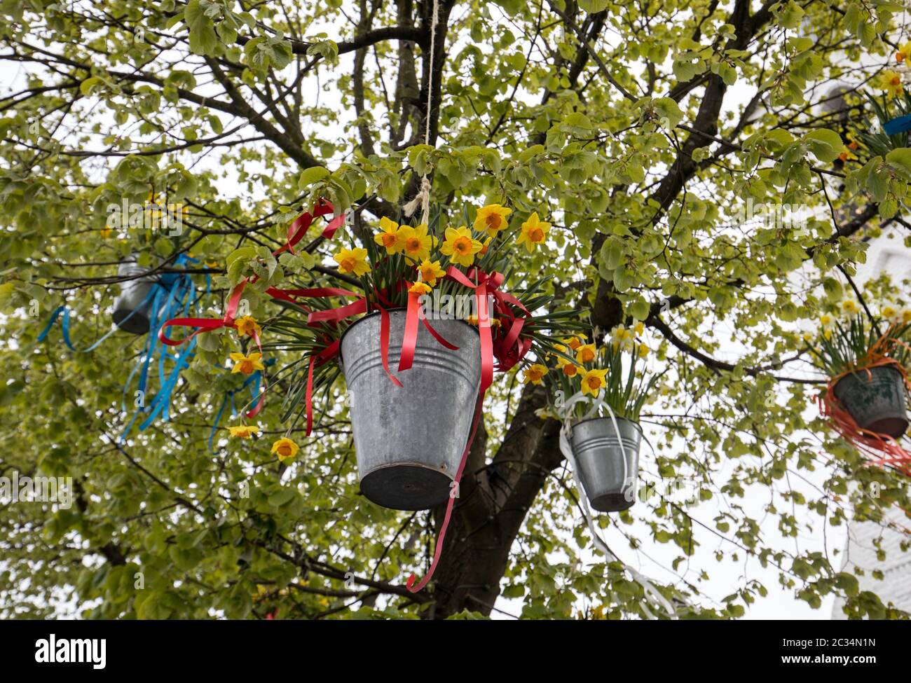 Noordwijkerhout, Niederlande - 23 April, 2017: Dekorationen mit hängenden Eimer mit gelben Narzissen in der traditionellen Blumen parade Bloemencorso fr Stockfoto