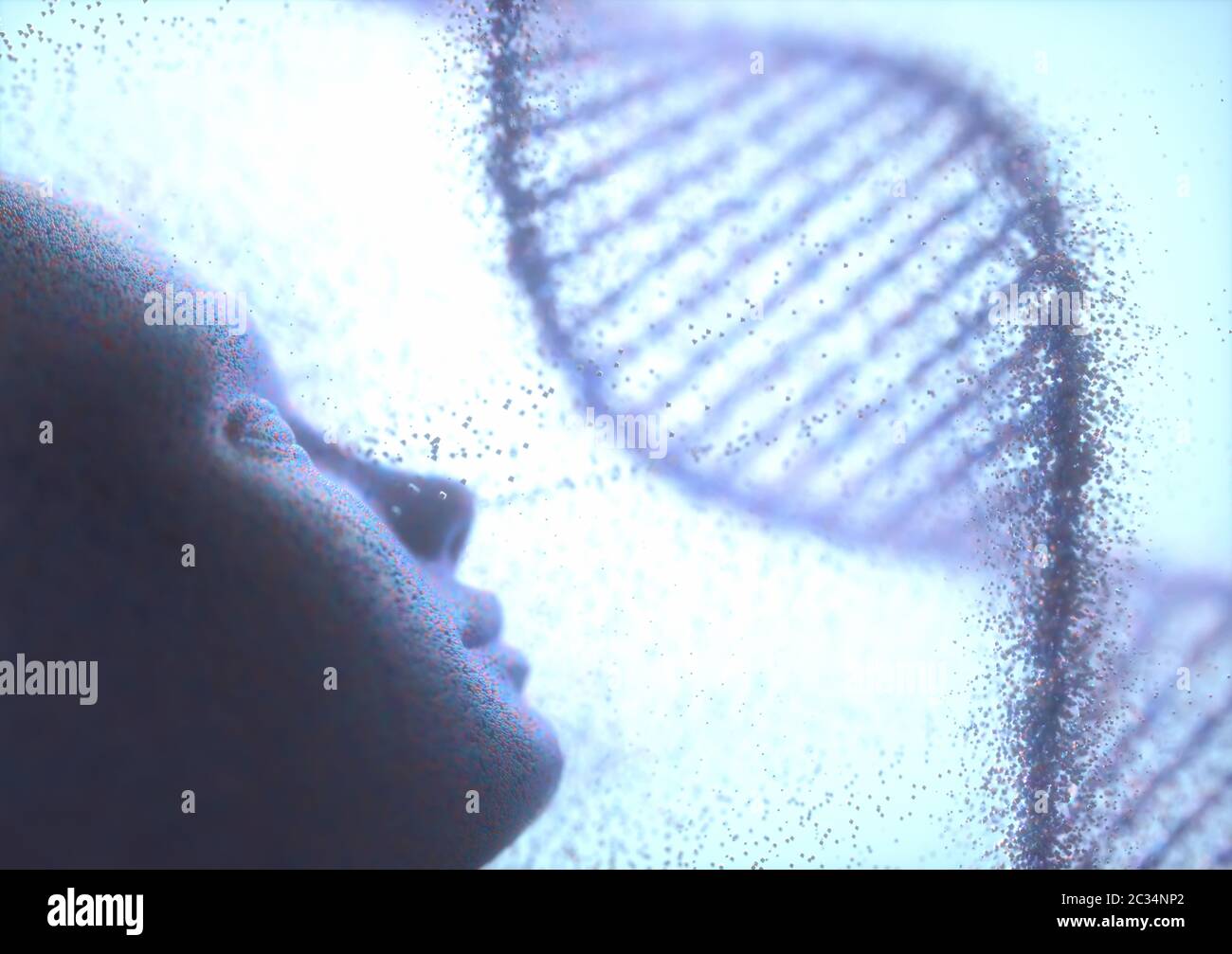 Der Ursprung des Menschen. Molekulare Teilchen aus dem Gesicht zu Cluster in das DNA-Molekül. 3D-Darstellung. Stockfoto