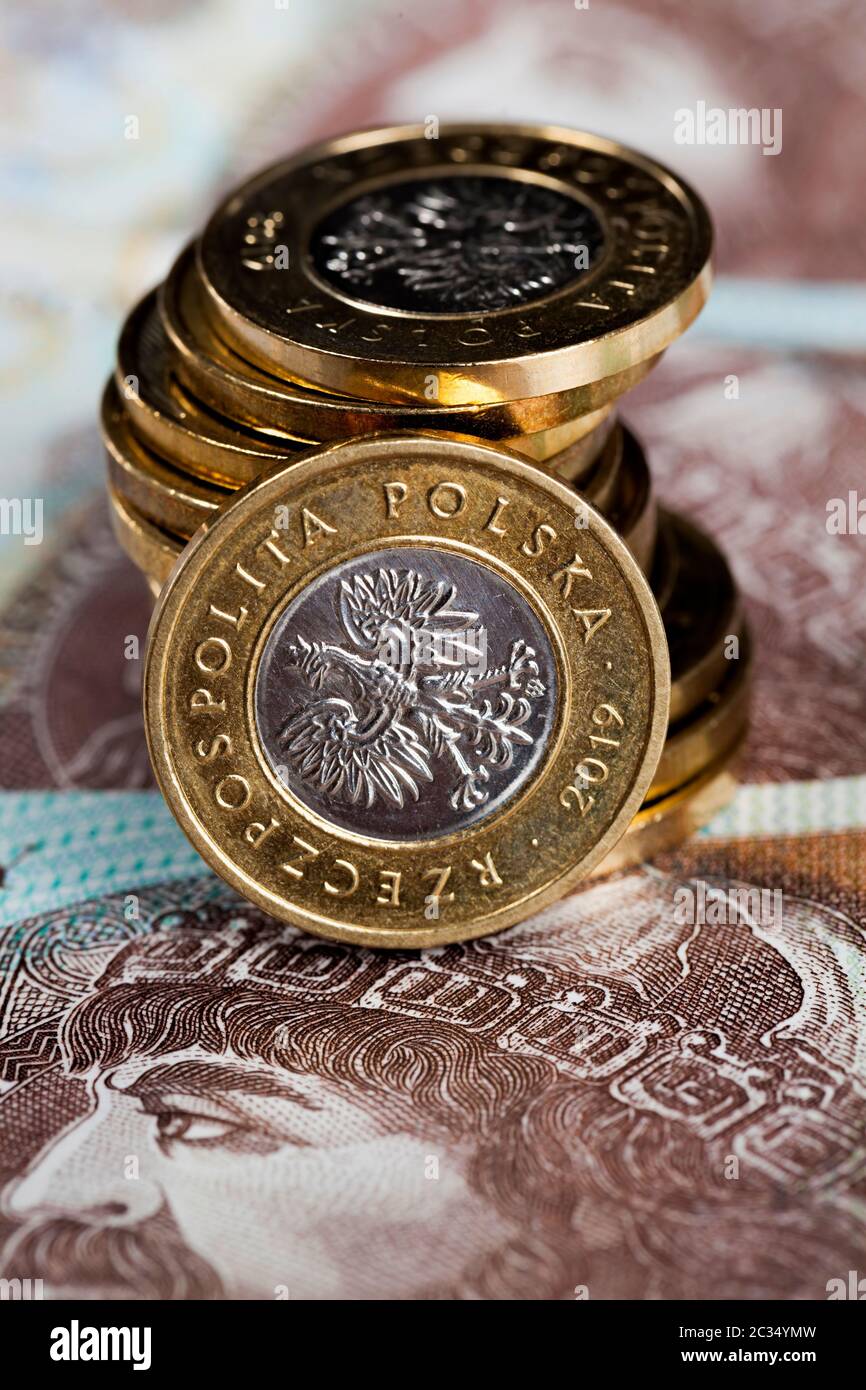 Bargeld und polnische Zlotys in Münzen sind auf 10 Zlotys Banknoten, Details der nationalen Währung Polens Stockfoto