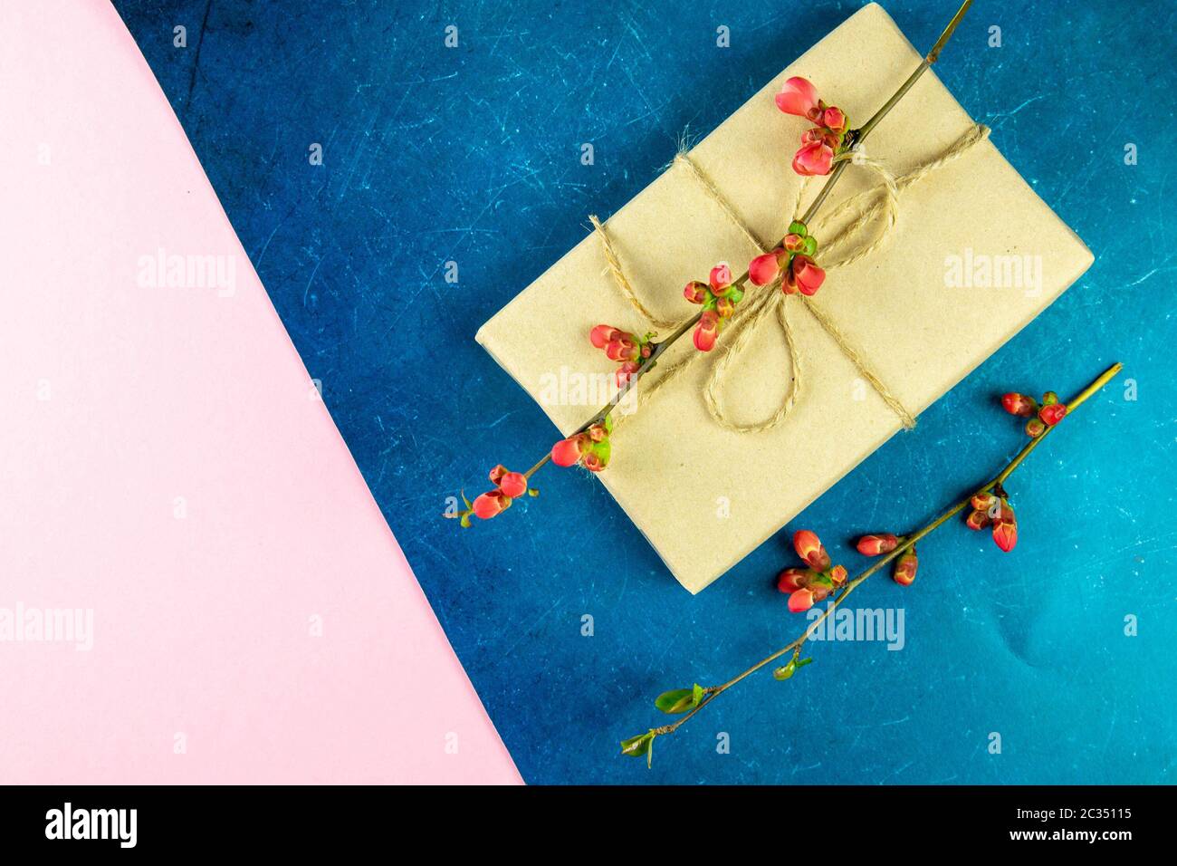 Geschenk mit einem rosa Blütenzweig auf einem blau-rosa Hintergrund. Stockfoto