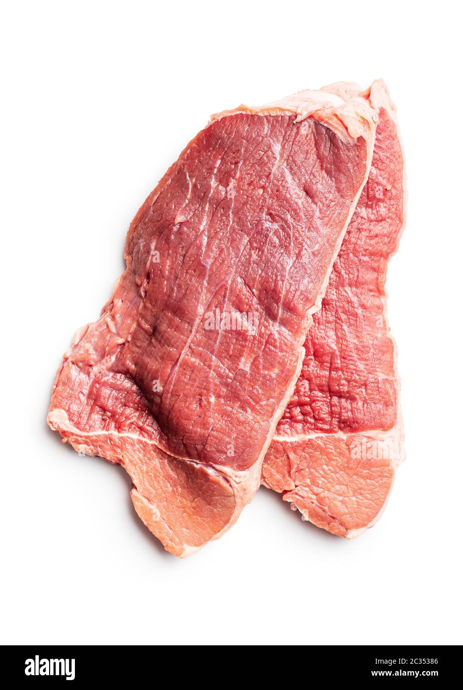 Rohes Kalbfleisch Schnitzel. Rohes Fleisch auf weißem Hintergrund. Stockfoto