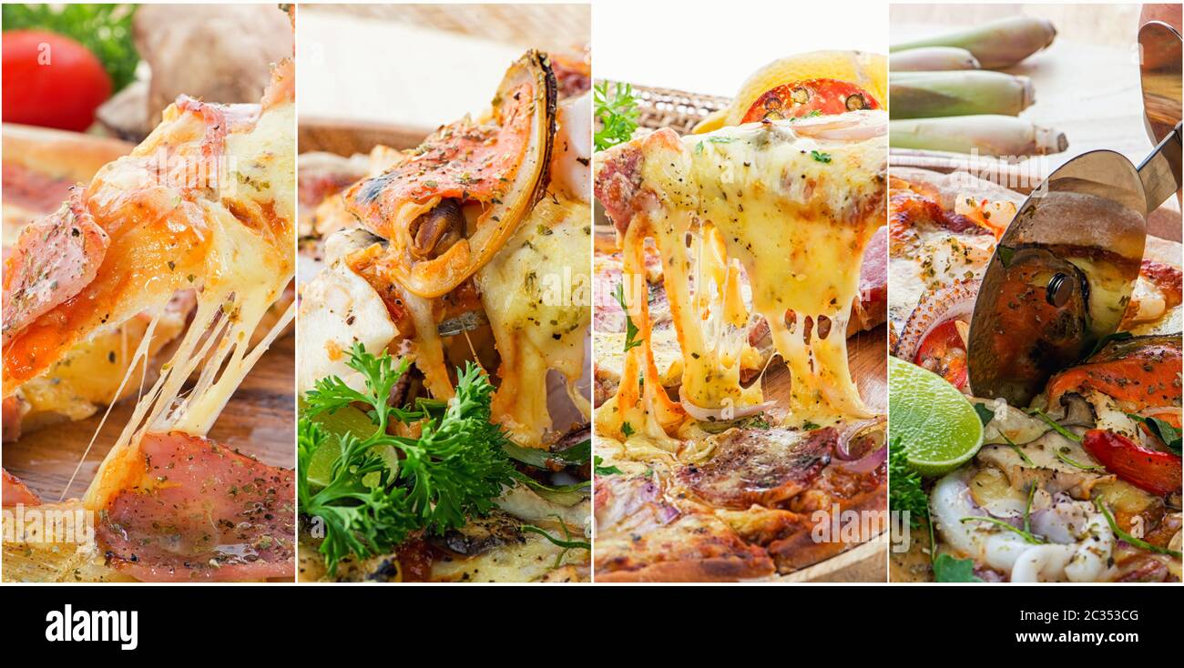 Fotocollage mit verschiedenen Arten von Sea Food Pizza Stockfoto