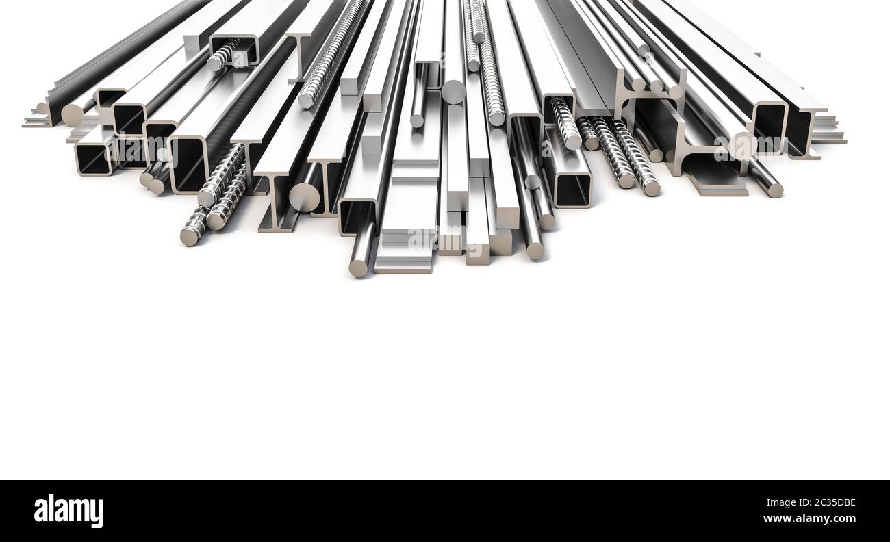 Metall Abschnitte mit unterschiedlichen Form und Abschnitt. Konzept der Schwerindustrie und im Baugewerbe. 3D-Bild rendern Stockfoto