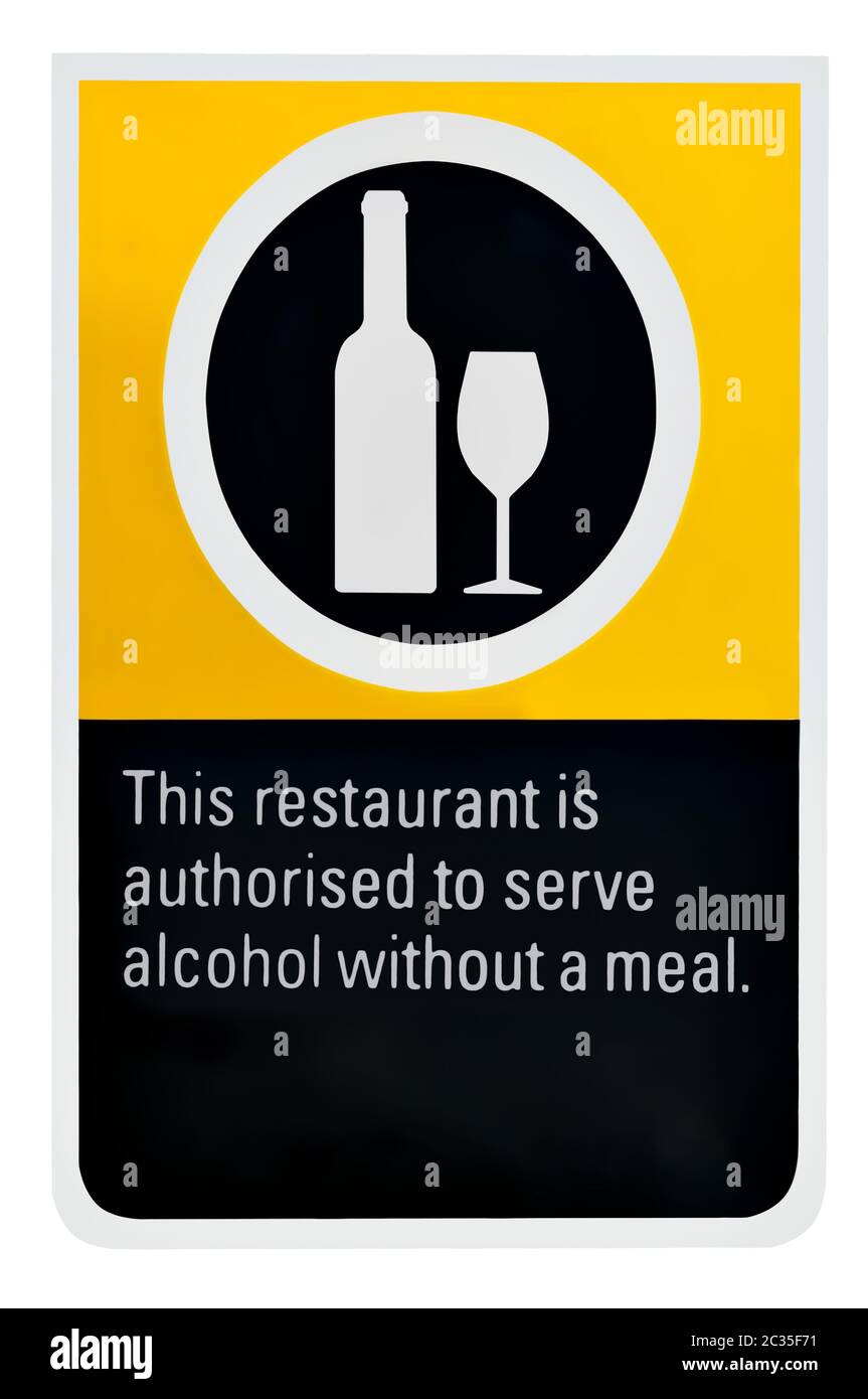 Informationsschild: Voll lizenziertes australisches Restaurant mit Alkohol zum Verkauf Stockfoto