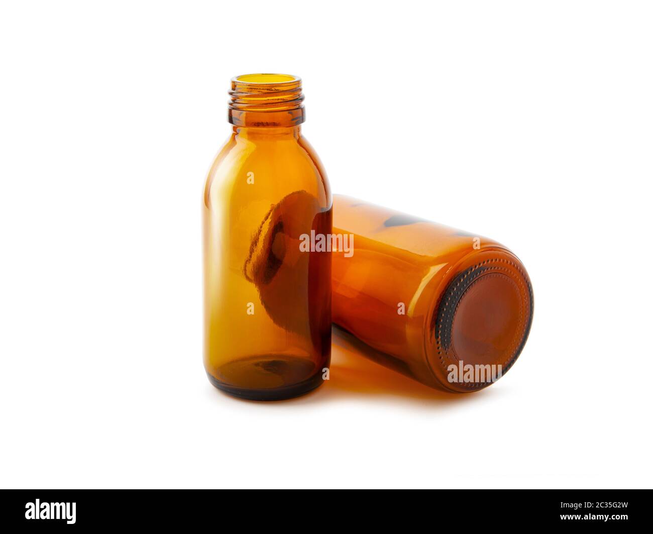 Zwei Arzneiflaschen schließen isoliert auf weißem Hintergrund Stockfoto