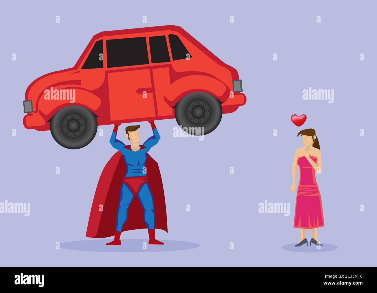 Hübsche Dame in Not Verlieben Sie sich in Superhelden, die Kraft zeigt, indem sie ein Auto hebt. Vektor Cartoon Illustration isoliert auf einfachen lila BA Stock Vektor