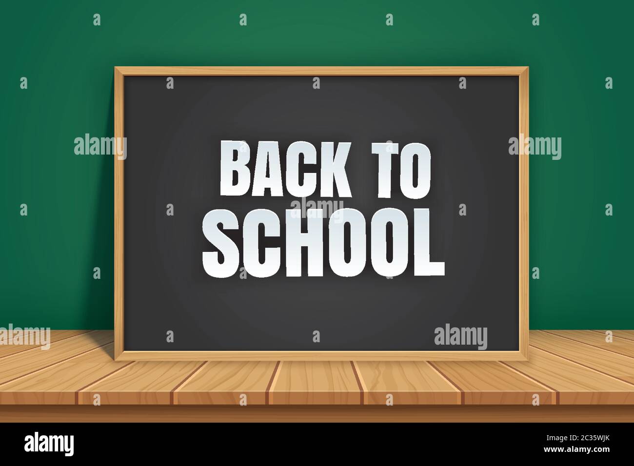 Back to School Banner mit schwarzer Kreidetafel auf Holztisch im Papierkunststil. Stock Vektor