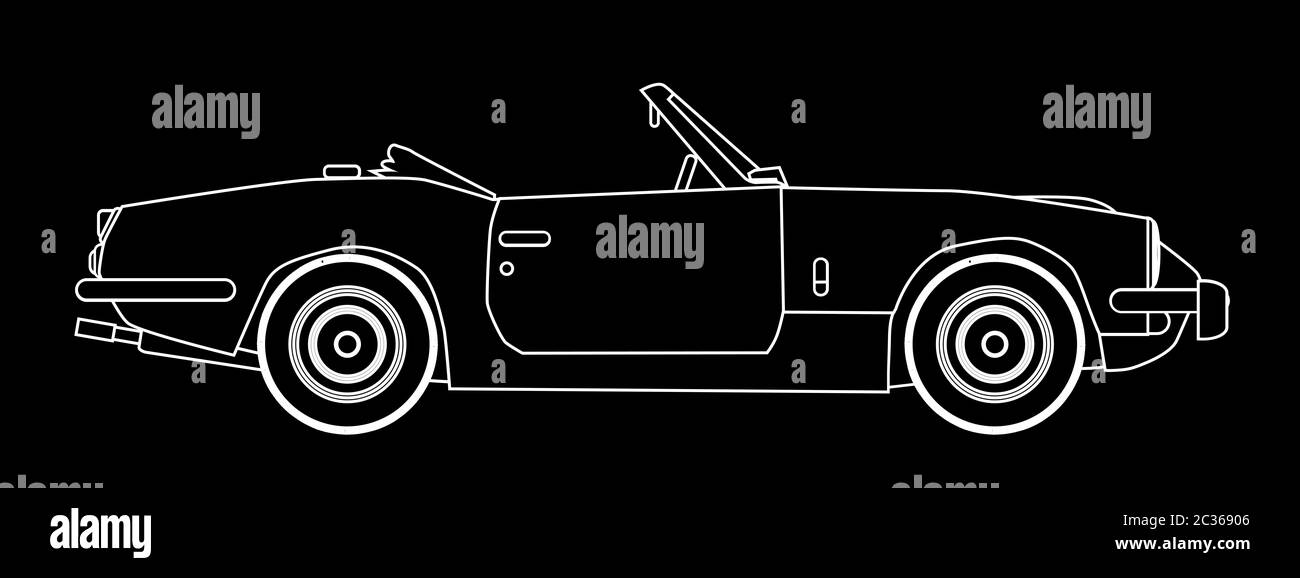 Eine klassische alte Britische Sportwagen in weißer Umriss über einen schwarzen Hintergrund Stockfoto