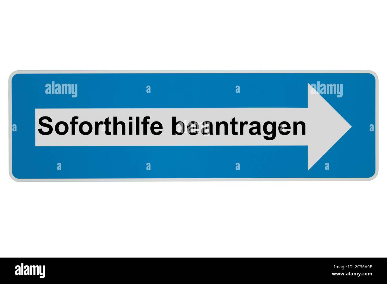 Konzept: Soforthilfe in deutscher Sprache bedeutet Wirtschaftssicherheit - Pfeil-Straßenschild auf weißem Hintergrund Stockfoto