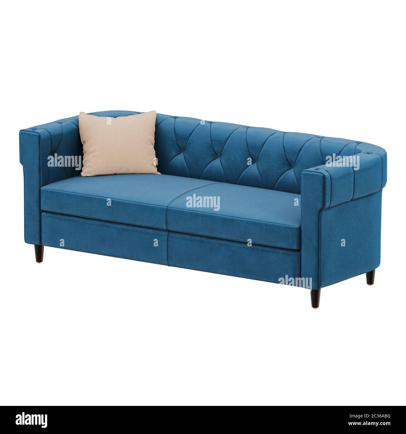 Blaues Sofa mit extra gepolstertem Hintergrund, 3D-Rendering Stockfoto