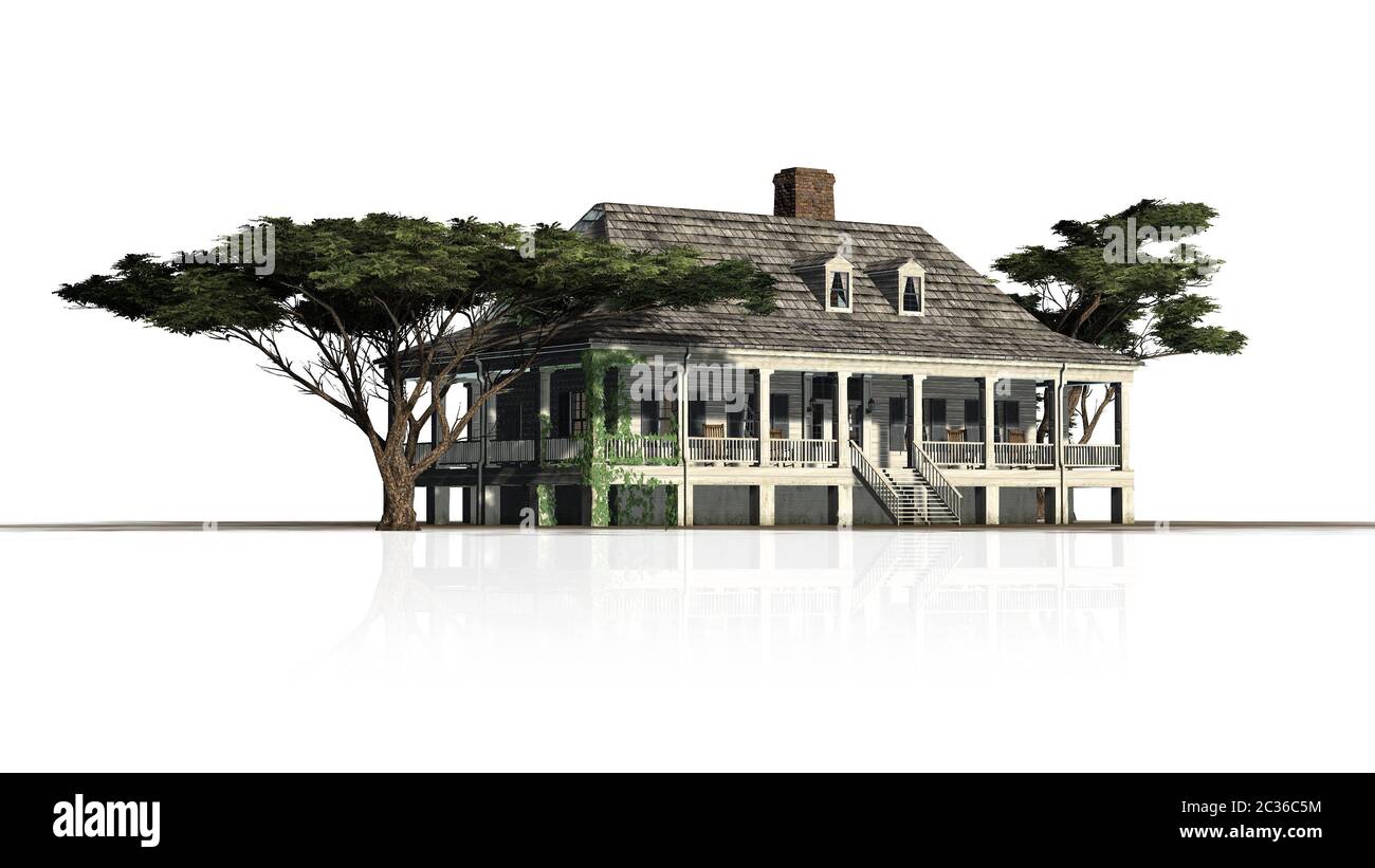 Plantagenhäuser mit Dachkiefern Stockfoto