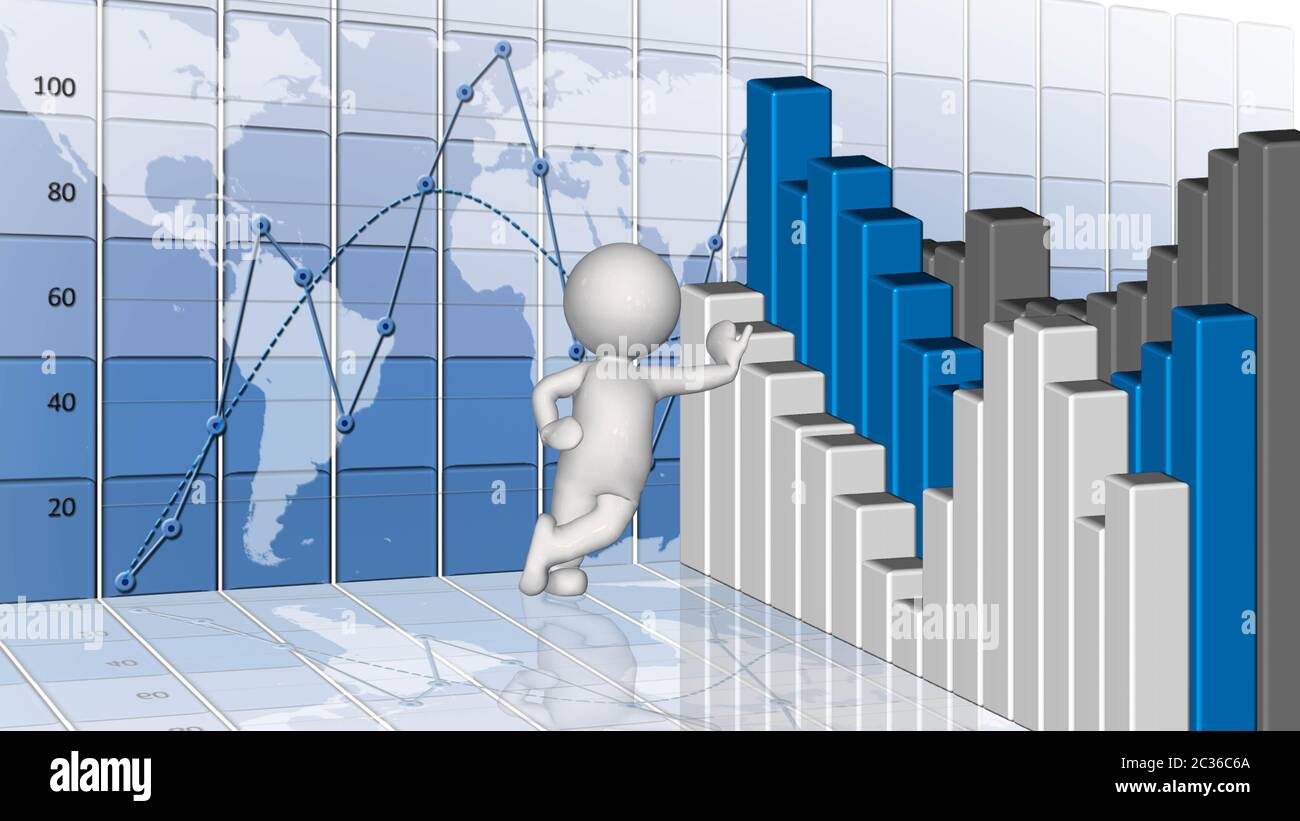 Finanz- und Geschäftsdiagramm und Grafiken mit 3D-Figur Stockfoto