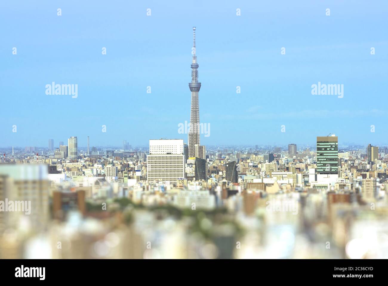 Luftaufnahme in Tilt-shift der Stadt Tokio mit dem skytree Turm in der Mitte. Stockfoto