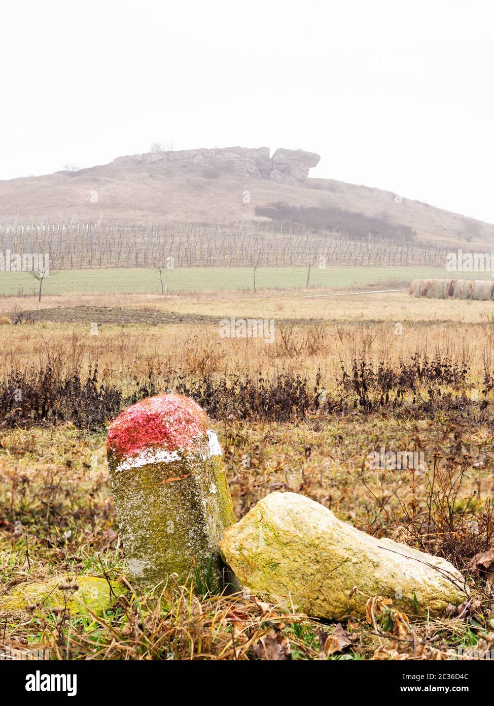 Landmark Stein mit Felsbrocken auf einem Hügel im Burgenland Stockfoto