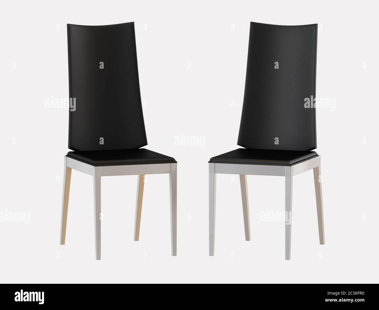 Einfacher schwarzer Lederstuhl mit eisernen Beinen auf weißem Hintergrund, 3D-Rendering Stockfoto