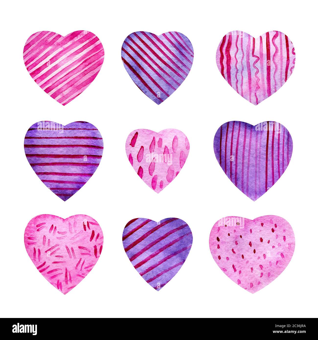 Satz von Aquarell rosa und lila Herzen. Zarte lila Hintergrund mit Papier Textur mit geraden und gewellten Linien, Punkte und Striche. Für Hochzeit inv Stockfoto
