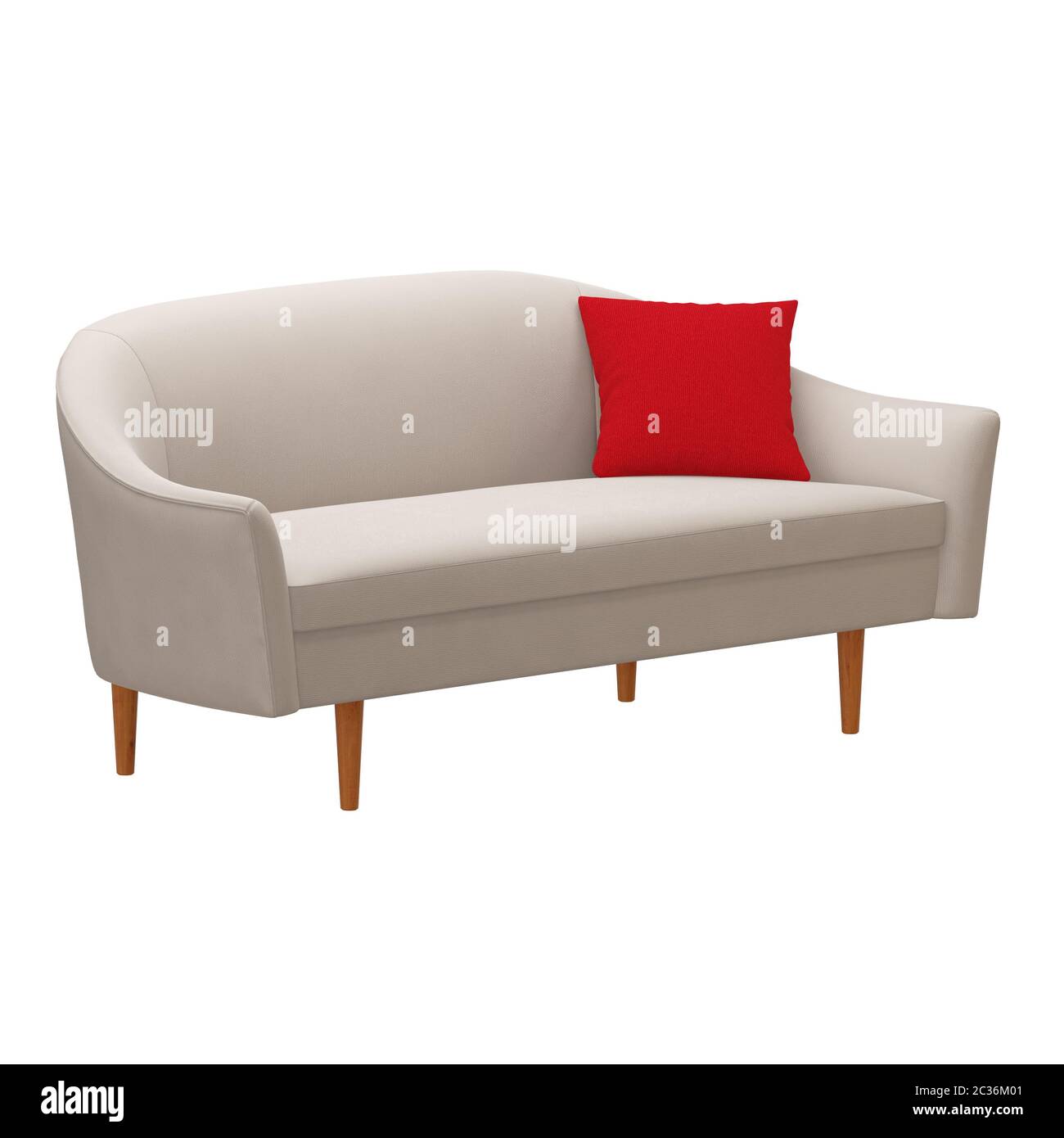 Sofa aus Stoff mit einem roten Kissen auf weißem Hintergrund 3d Stockfoto