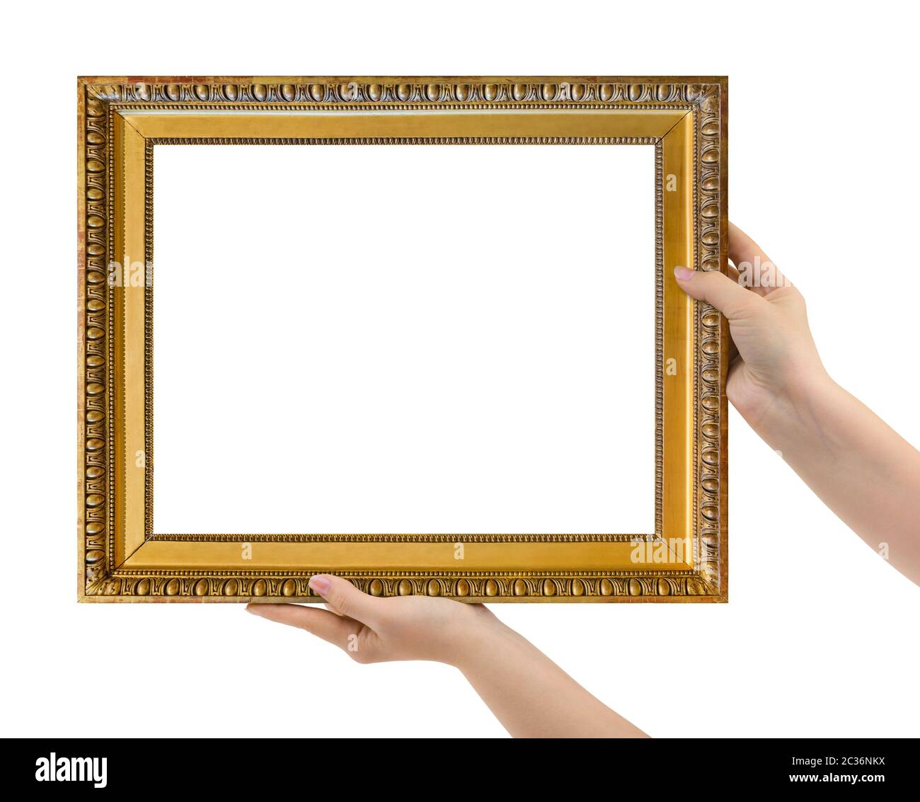 Holz Bilderrahmen in den Händen Stockfoto