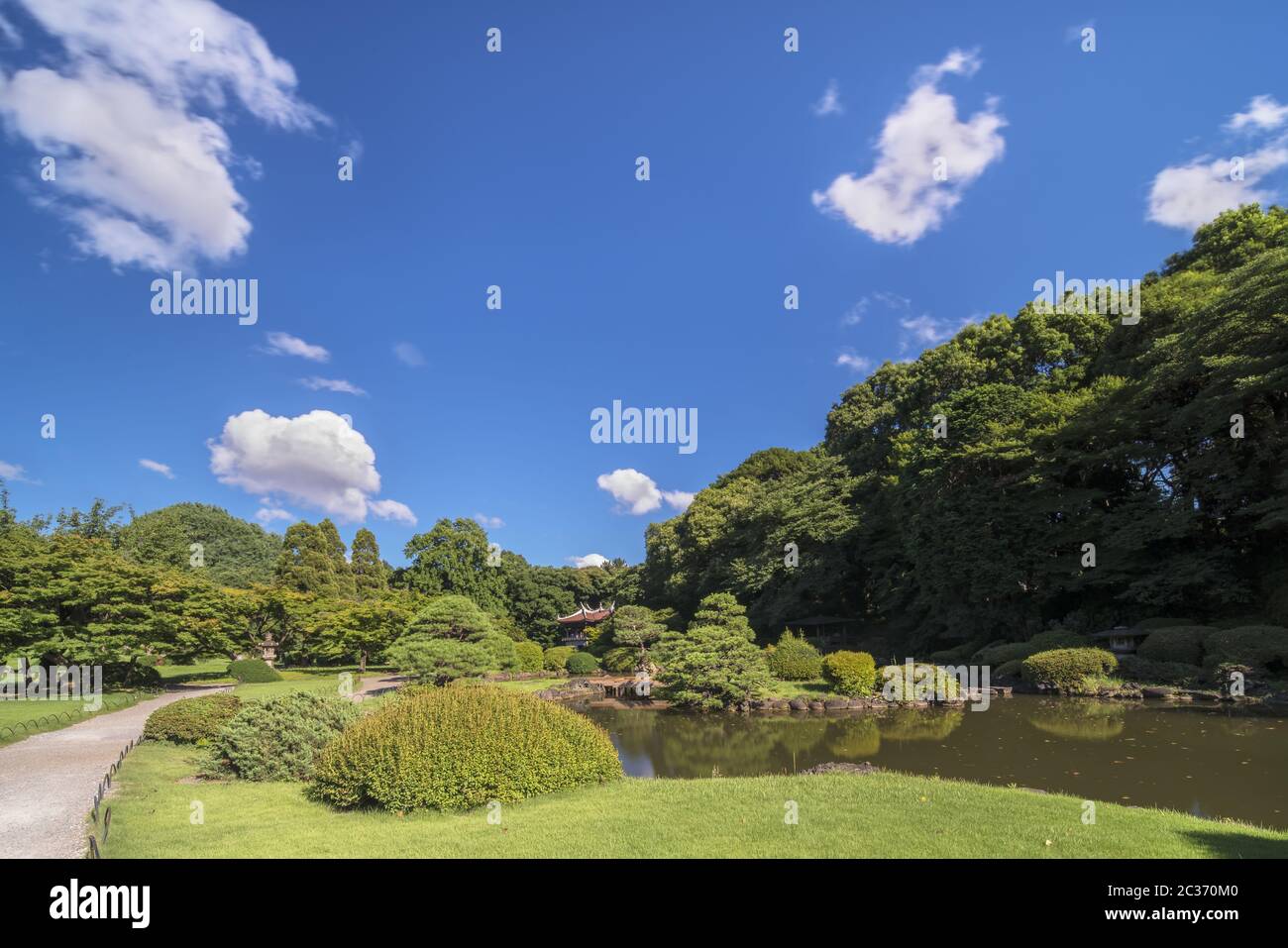 Taiwan Pavillon Kyu-Goryo-Tei mit Blick auf den oberen Teich und umgeben von Kiefer und Ahorn Stockfoto