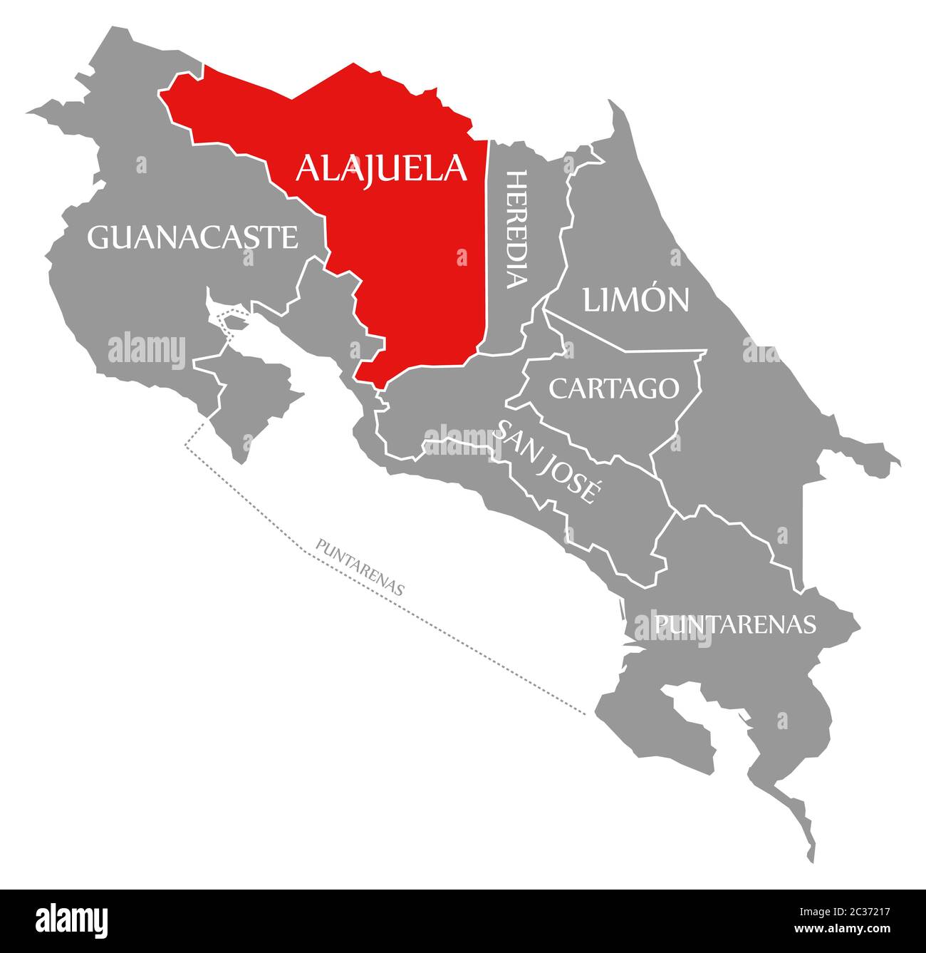 Alajuela rot markiert auf der Karte von Costa Rica Stockfoto