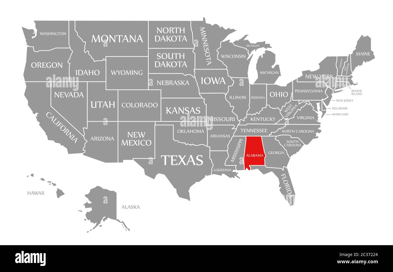 Alabama rot markiert auf der Karte der Vereinigten Staaten von Amerika Stockfoto