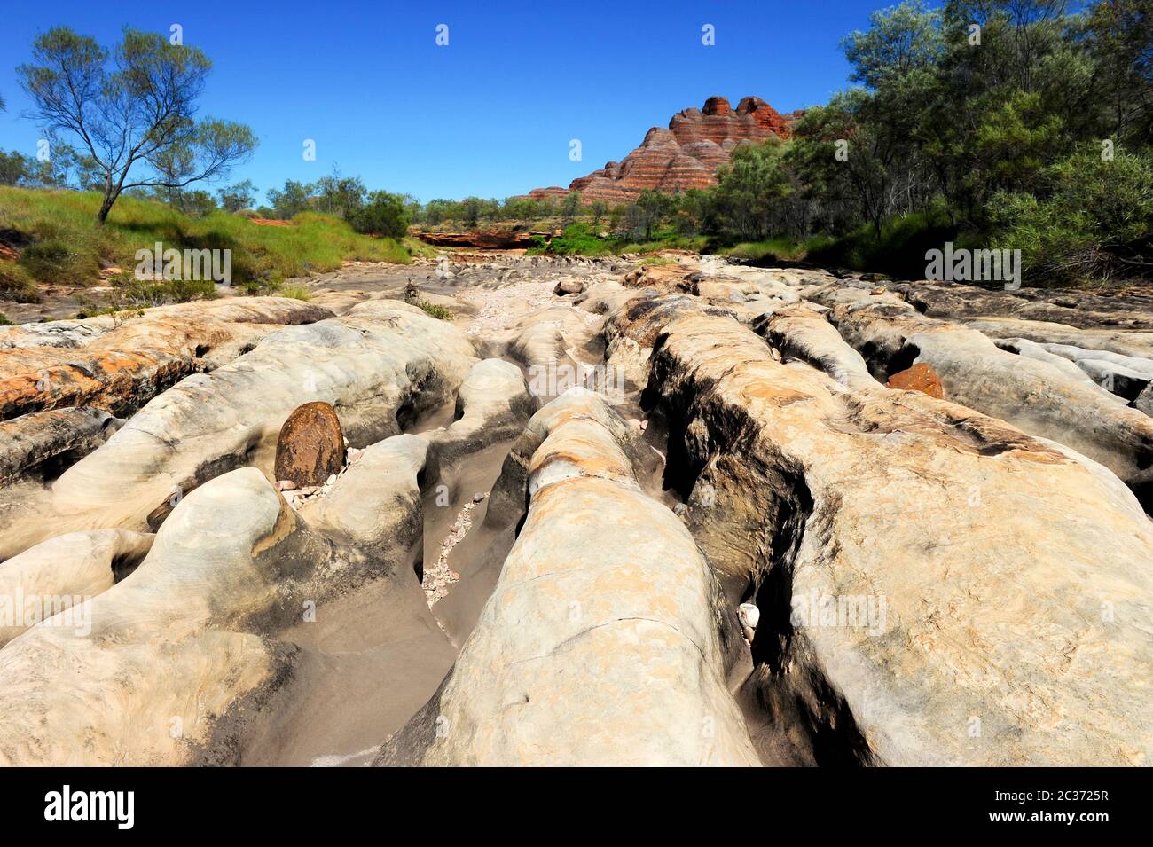 Landschaft des Purnululu National Park oder Bungle Bungles, Weltkulturerbe, im Outback von Western Australia. Stockfoto