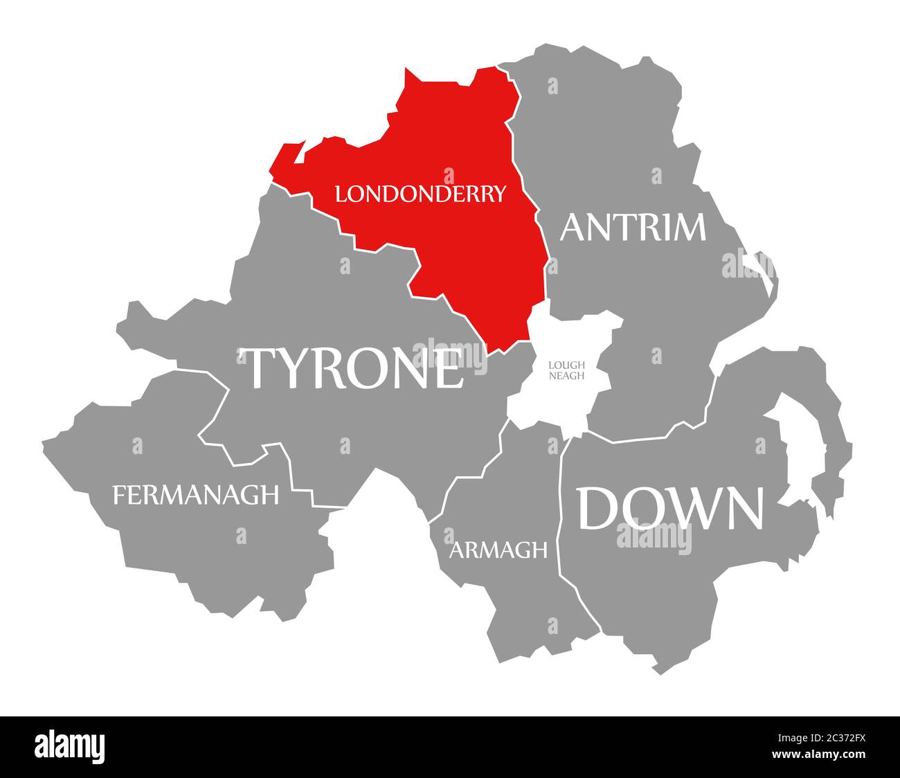 Londonderry in Rot hervorgehoben Karte von Nordirland Stockfoto