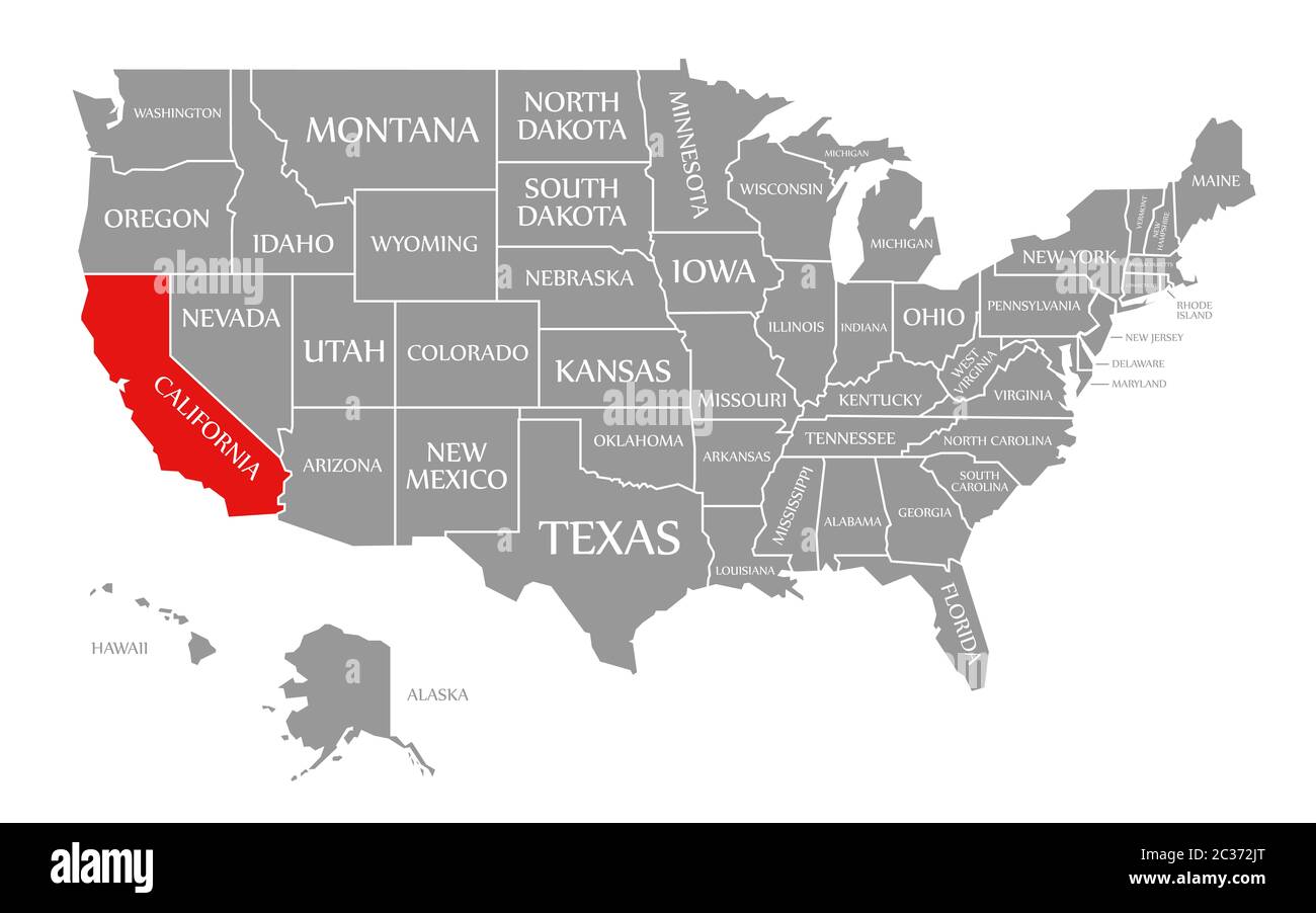 Kalifornien rot markiert auf der Karte der Vereinigten Staaten von Amerika Stockfoto