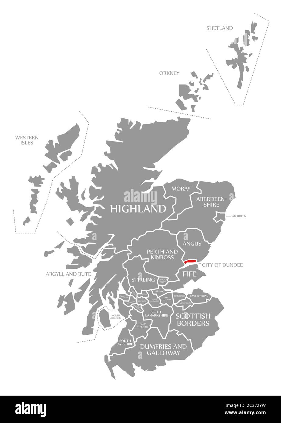 Stadt Dundee in Rot hervorgehoben Karte von Schottland Großbritannien Stockfoto