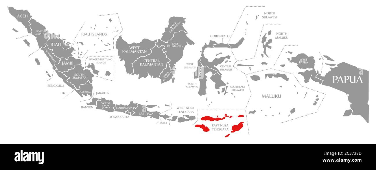 Nusa Tenggara Timur rot markiert auf der Karte von Indonesien Stockfoto