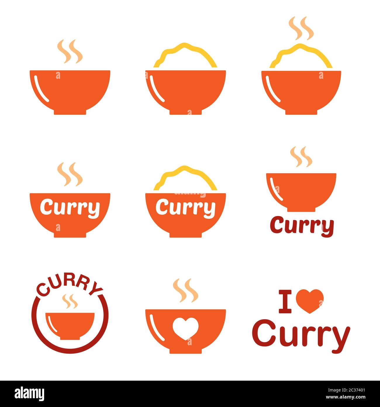 Curry, indische würzige Lebensmittel Vektor-Symbole Set - Farbdesign, Restaurant, zum Mitnehmen, Kochidee Stock Vektor