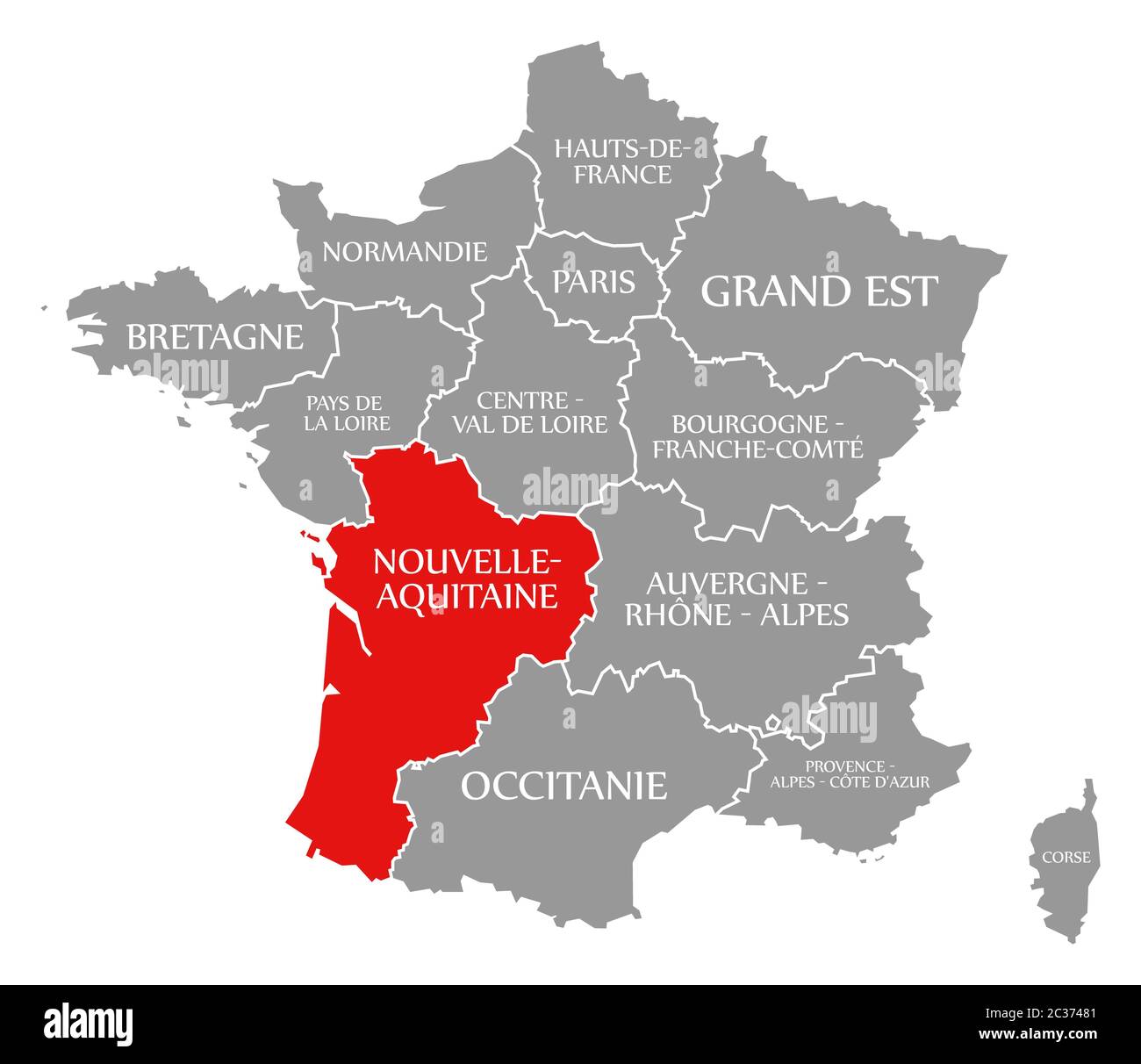 Nouvelle-Aquitaine in Rot hervorgehoben Karte von Frankreich Stockfoto