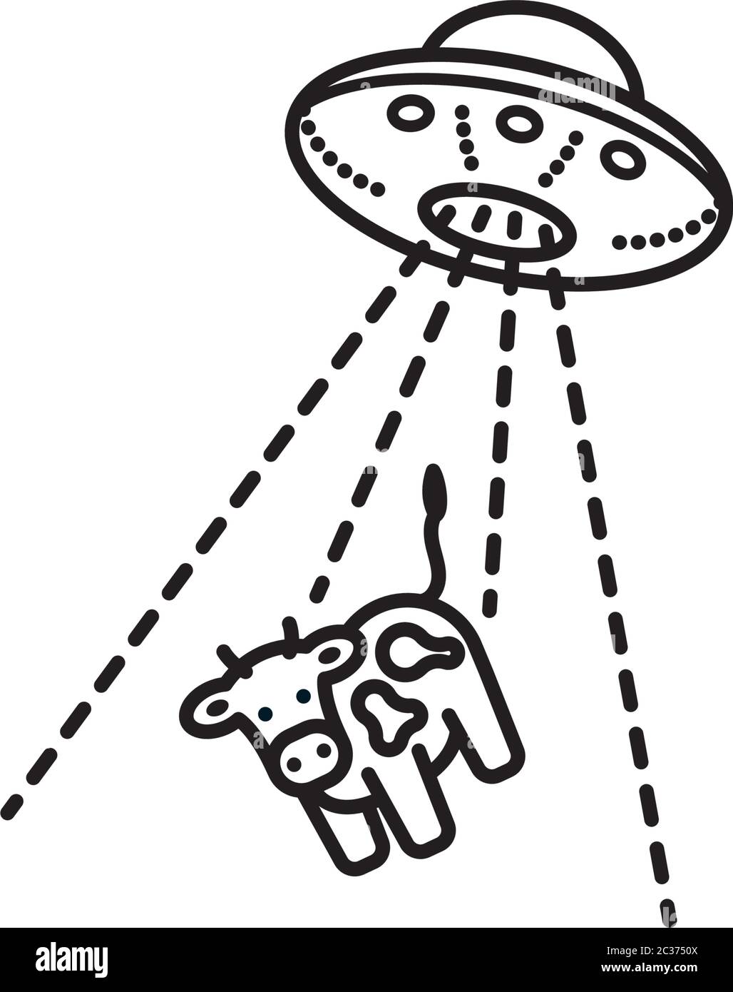 UFO entführt eine Kuh Cartoon Vektor-Linie Symbol. Fliegende Untertasse mit Kuh im Transporter Balken Umriss Symbol. Stock Vektor