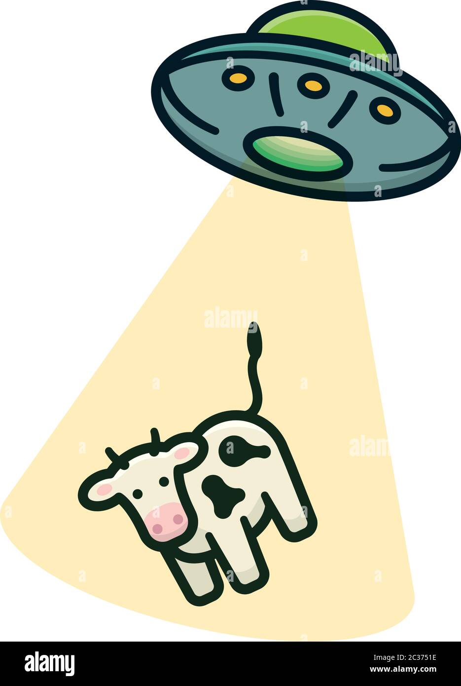 UFO Entführung einer Kuh Cartoon isolierte Vektor-Illustration für Welt UFO Tag am 24. Juni. Fliegende Untertasse mit Kuh im Transporterbalken. Stock Vektor