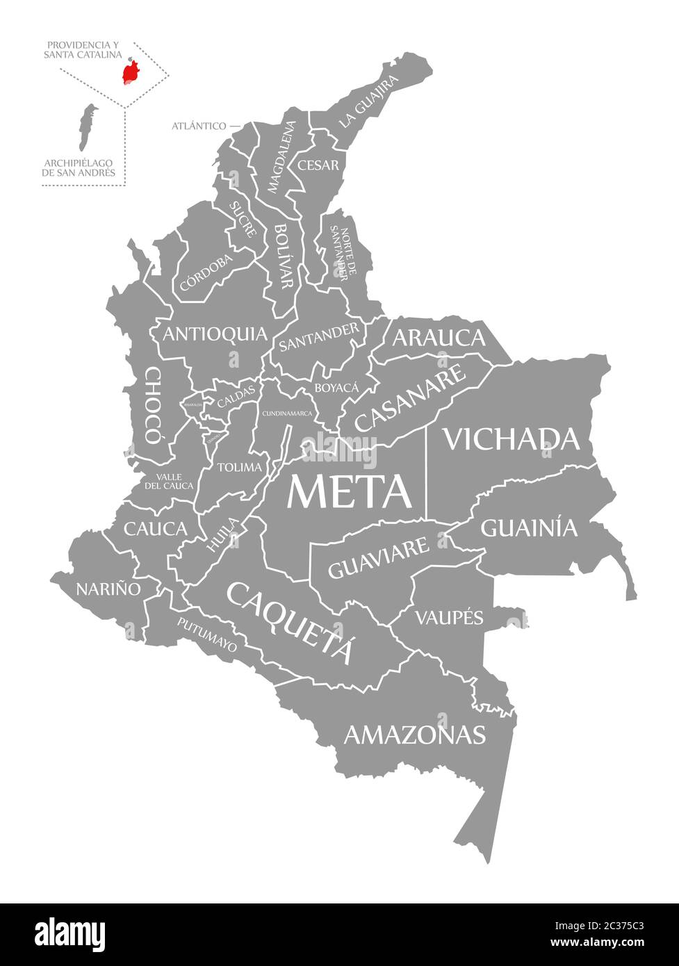 Santa Catalina in Rot hervorgehoben Karte von Kolumbien Stockfoto
