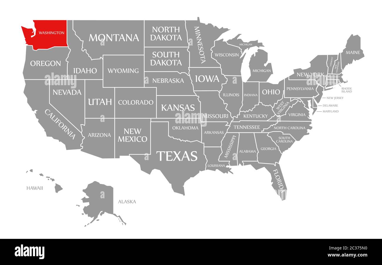 Washington rot markiert auf der Karte der Vereinigten Staaten von Amerika Stockfoto