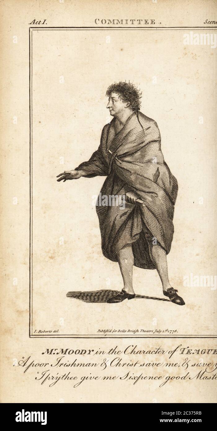 John Moody in der Rolle von Teague in Robert Howards The Committee. Kupferstich von Walker nach einer Illustration von James Roberts aus dem British Theatre von Bell, bestehend aus den angesehensten englischen Stücken, John Bell, London, 1780. Stockfoto