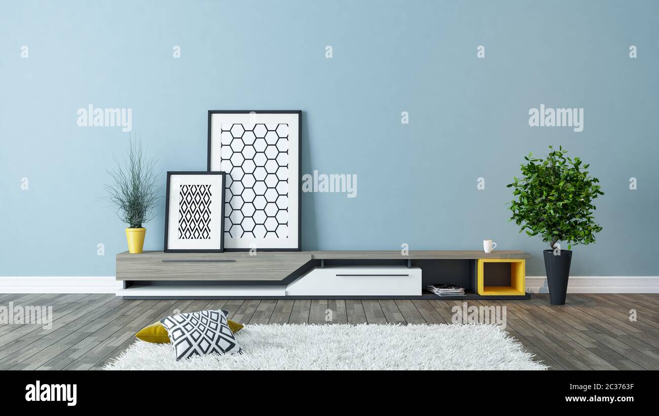 Modernes tv-Stand-Design mit blauer Wand und Bilderrahmen in der Raumdekoration Idee 3d-Rendering von Sedat SEVEN Stockfoto