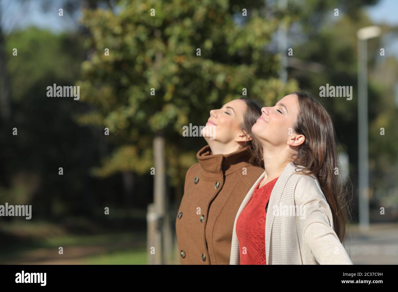 Seitliche Sicht auf zwei Frauen entspannt atmen tief die frische Luft im Winter in einem Park Stockfoto