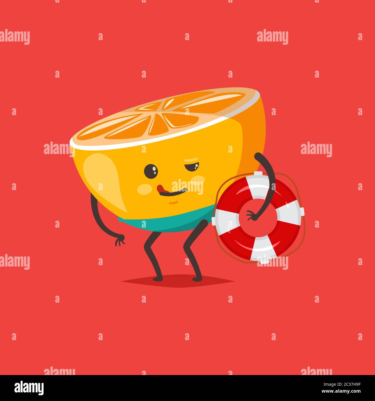 Lustige Orange in Badehose mit einer Rettungsboje. Vektor Cartoon Frucht Charakter auf Hintergrund isoliert. Stock Vektor