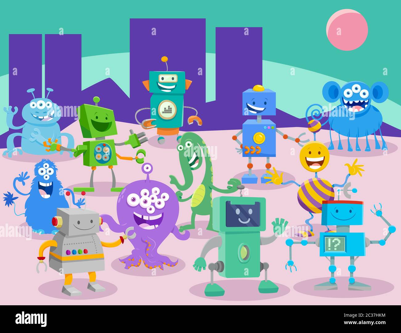 Cartoon Aliens und Roboter Fantasy-Charaktere Gruppe Stockfoto