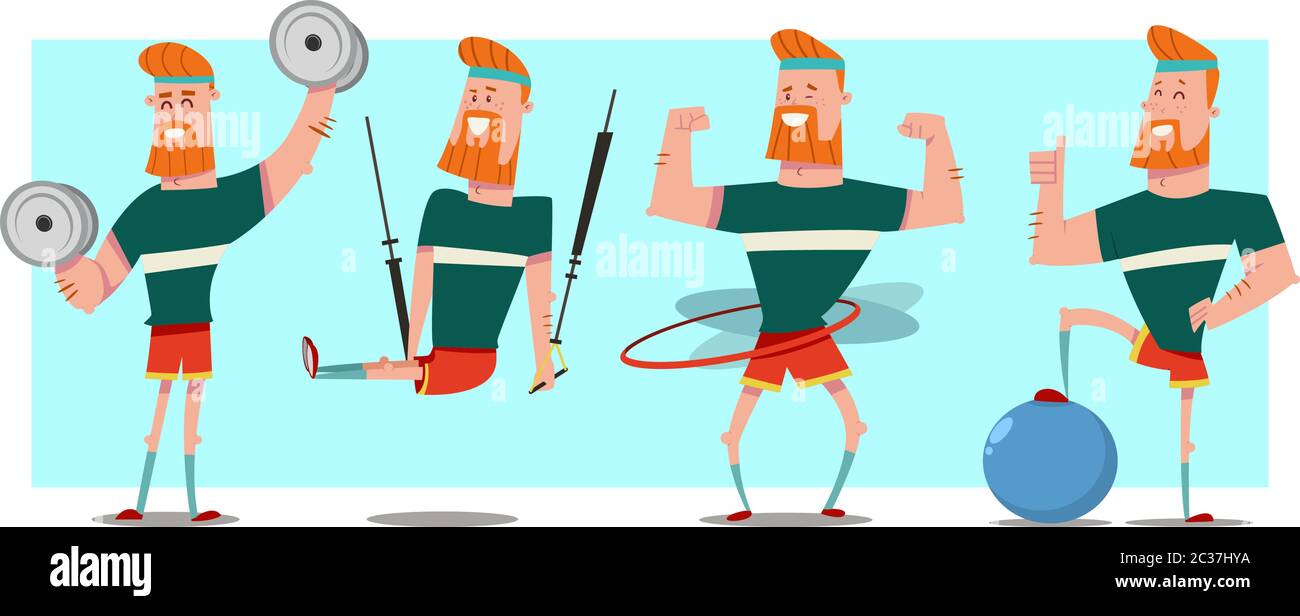Mann mit Bart macht Fitnessübungen mit Hanteln, FIT Ball, Hula Hoop Reifen und trx Training. Cute guy Cartoon Vektor Charakter-Set isoliert auf backgro Stock Vektor