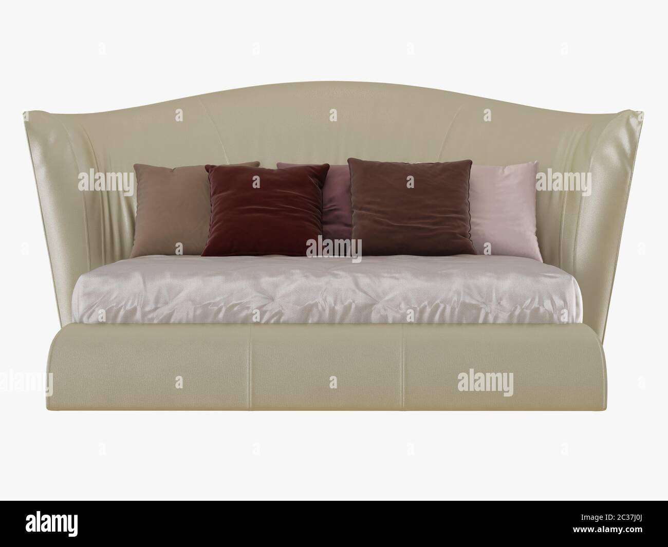 Großes beigefarbenes Bett mit weichem Rücken und farbigen Kissen Vorderansicht 3D-Rendering Stockfoto