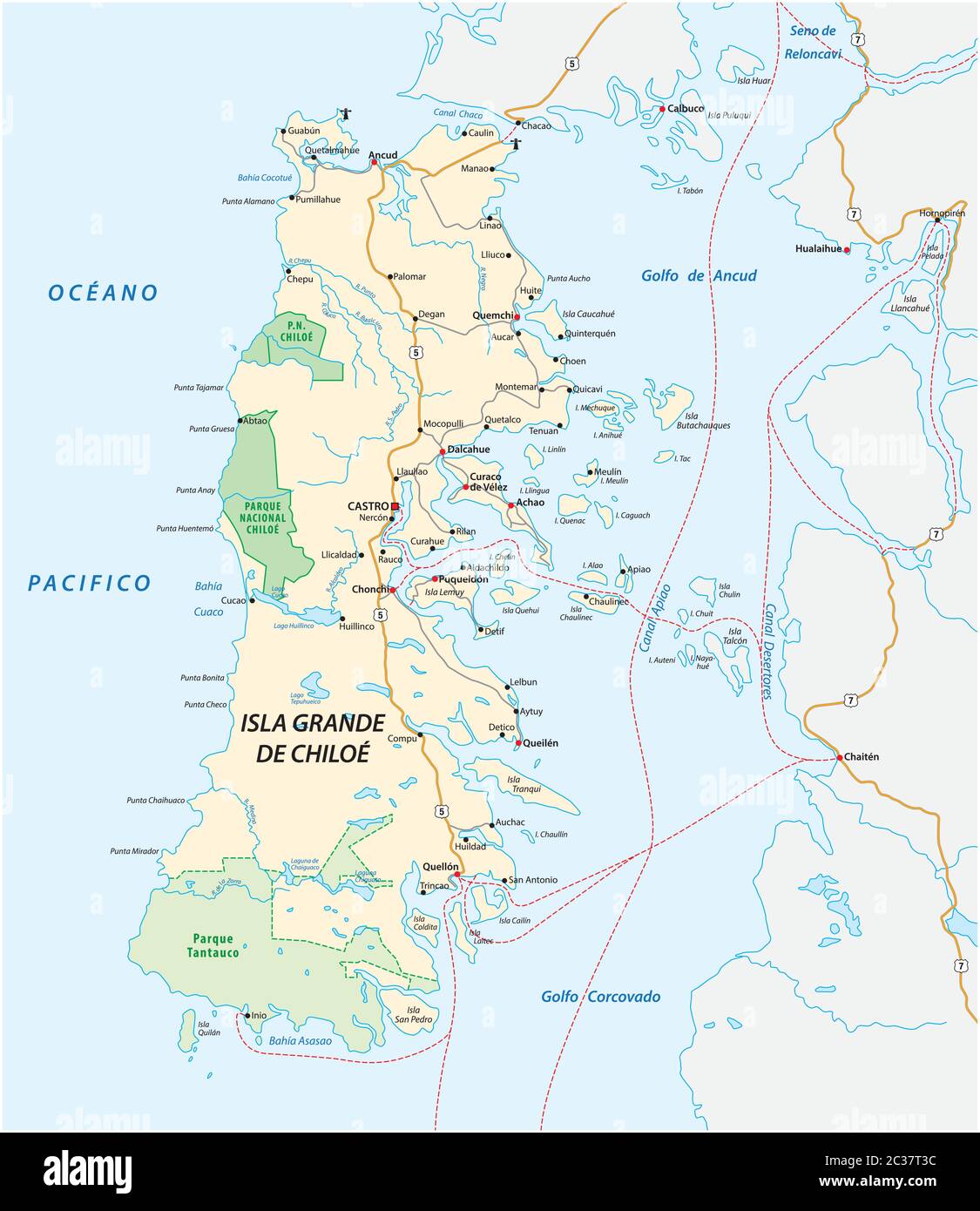 Vektor-Straßenkarte der chilenischen Insel Chiloe, Chile Stock Vektor