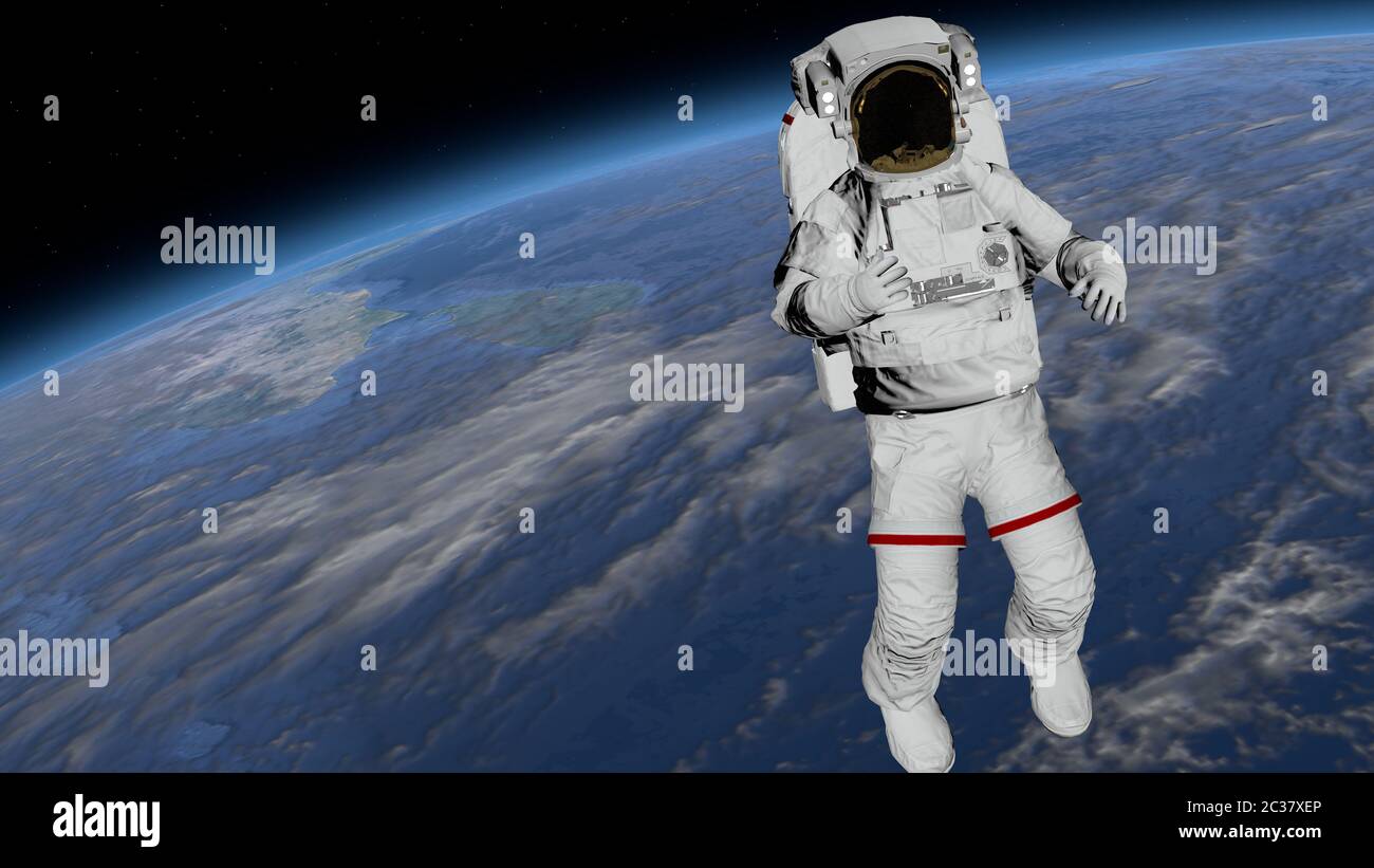 Astronaut Spacewalk, Astronaut zeigt Daumen nach oben im freien Raum. Elemente dieses Bildes, die von der NASA eingerichtet wurden. 3D-Rendering Stockfoto