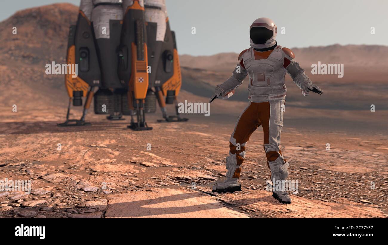 Astronaut tanzt auf dem roten Planeten Mars. Mission To Mars Erkunden. Futuristisches Kolonisierungs- und Weltraumerkundungskonzept. Kolonie auf dem Mars. Elemente des Th Stockfoto