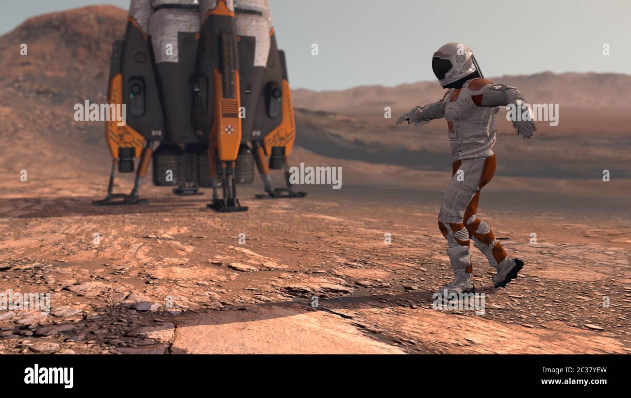 Astronaut tanzt auf dem roten Planeten Mars. Mission To Mars Erkunden. Futuristisches Kolonisierungs- und Weltraumerkundungskonzept. Kolonie auf dem Mars. Elemente des Th Stockfoto