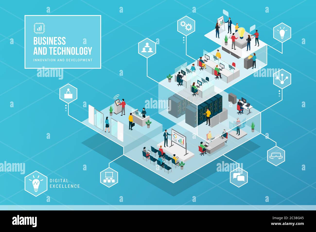 Business Innovation und Technologie isometrische Infografik: Technologische Innovation und Aufgaben in einem Unternehmens-IT-Unternehmen Stock Vektor